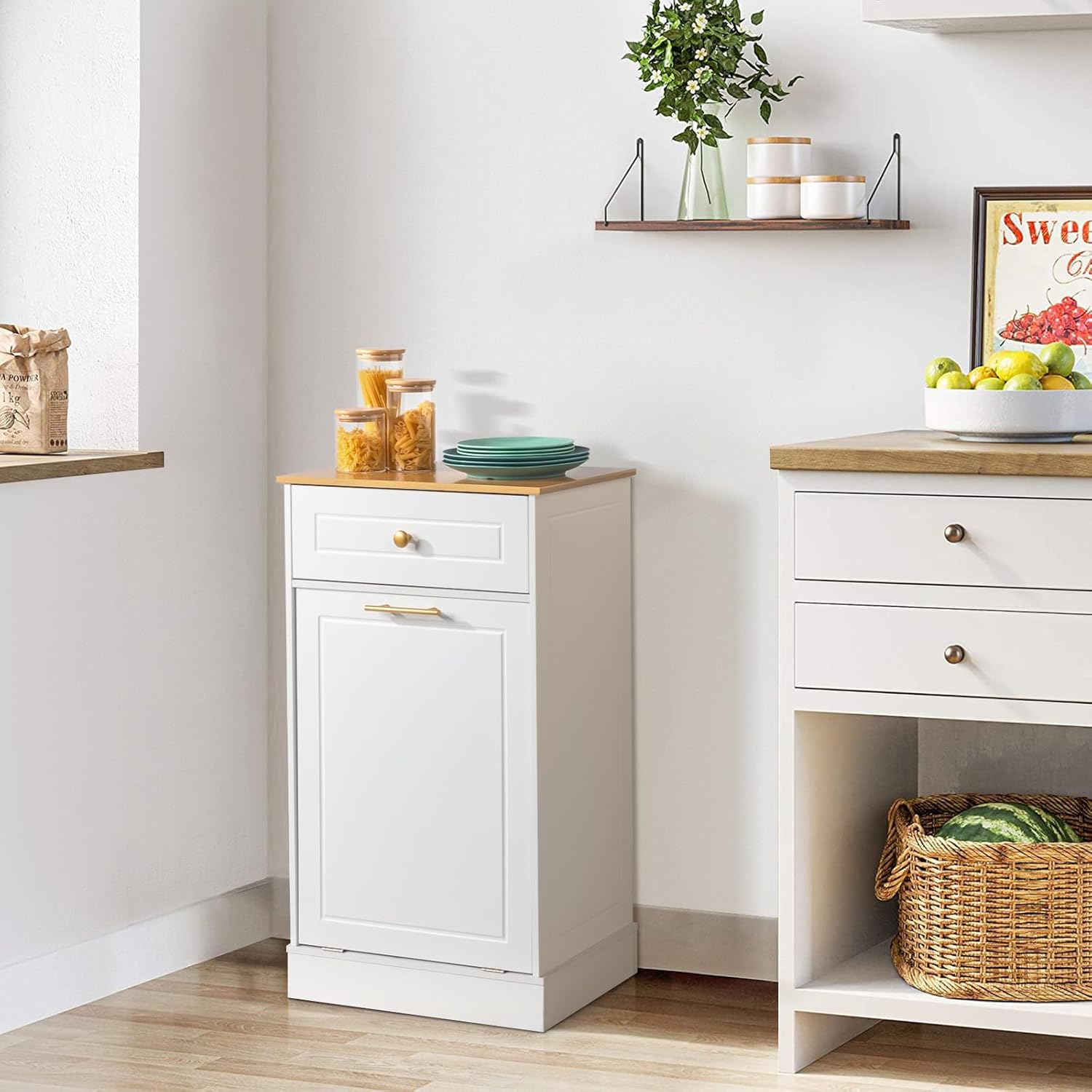 Karl home Tilt Out Laundry Hamper Cabinet with Drawer, White F817
