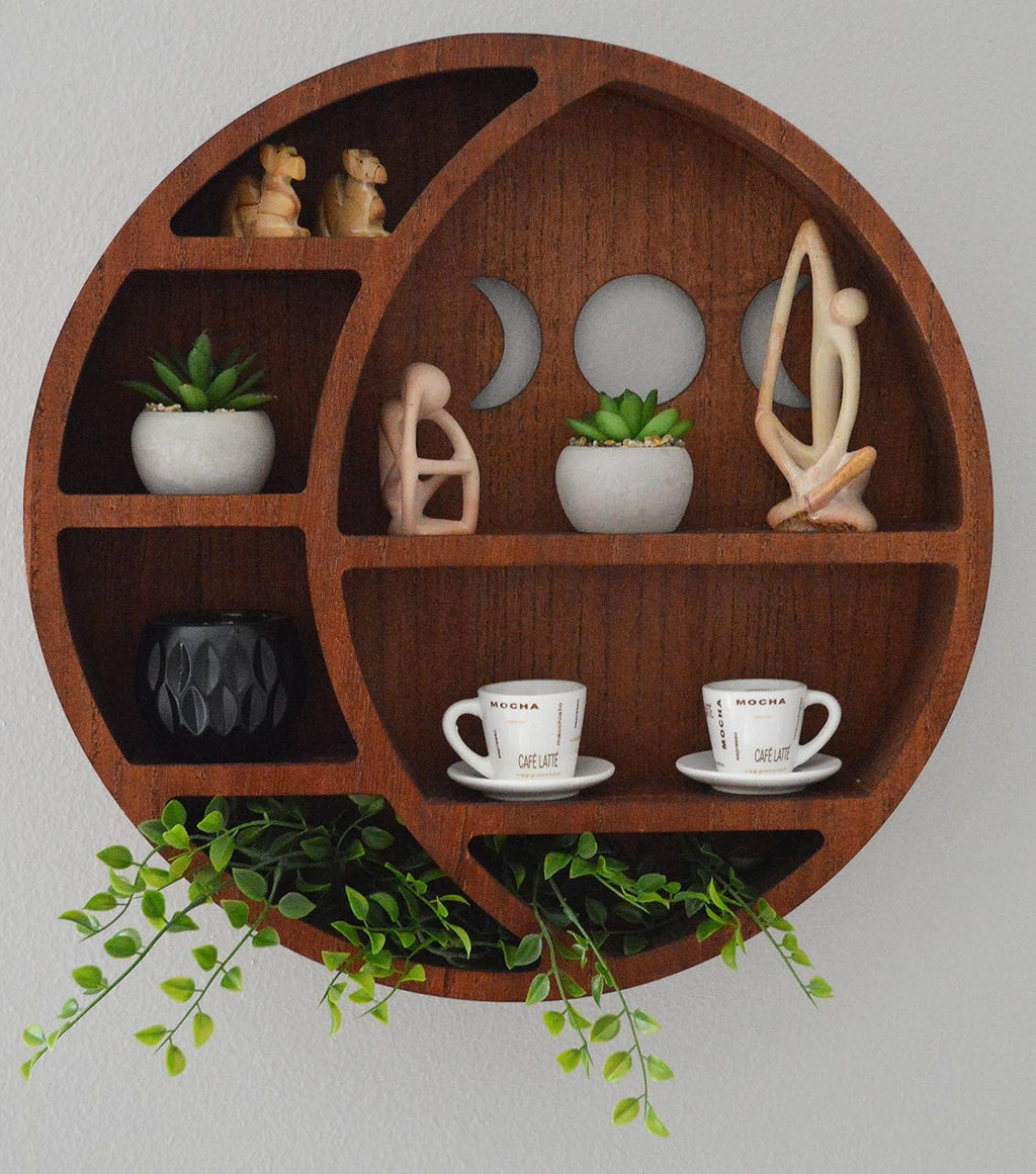 Crescent Moon Shelf for Crystals, Wooden Wall Decoration, Brown, 17 x 17 x 3.4 inches I55178