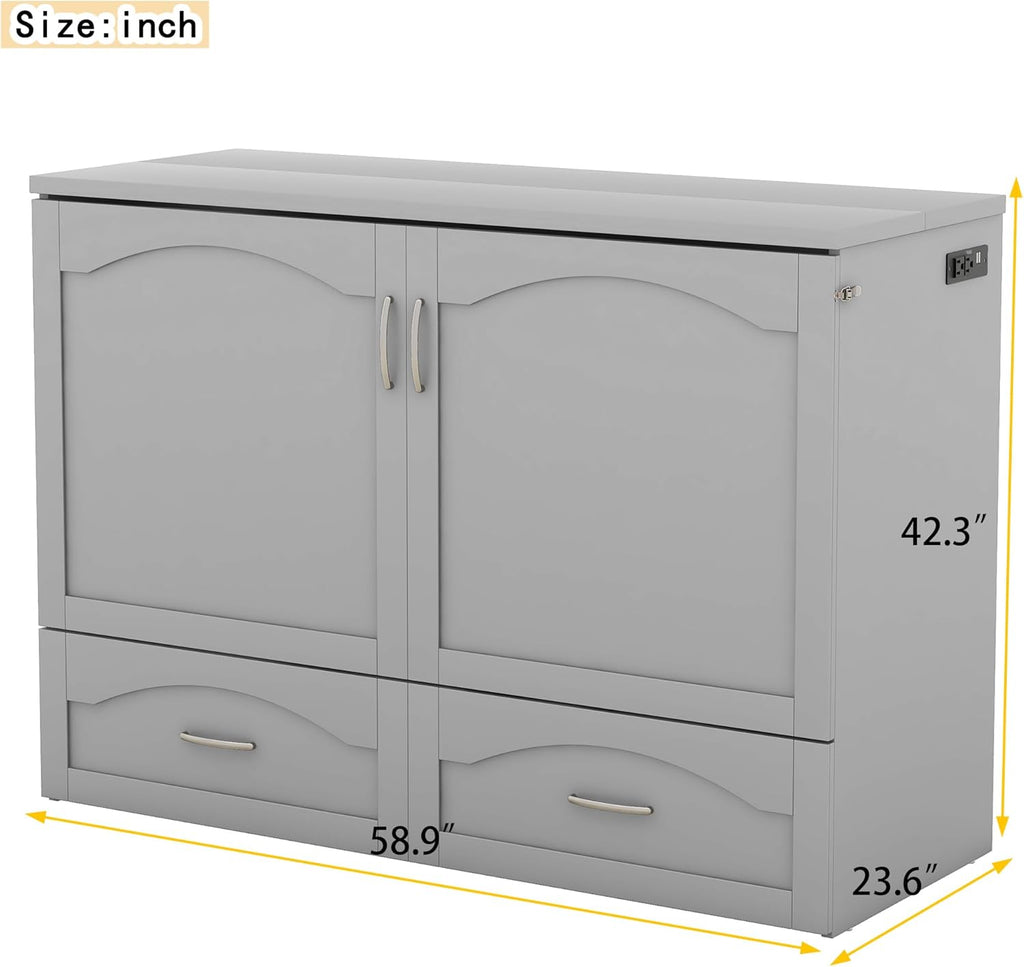 Full Size Murphy Cabinet Bed with Charging Station, Gray R7327