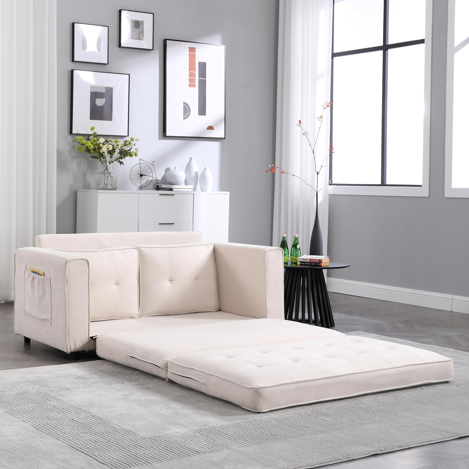 3 Fold Sofa Convertible Futon Sleeper Sofa Bed Beige I978376
