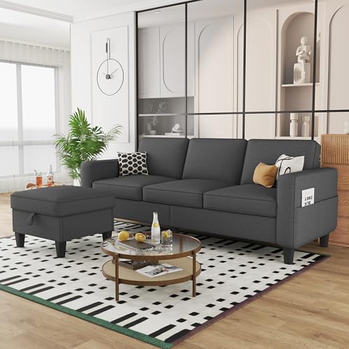 Convertible Sectional Sofa Couch, Beige L-Shaped with Storage Ottoman B918