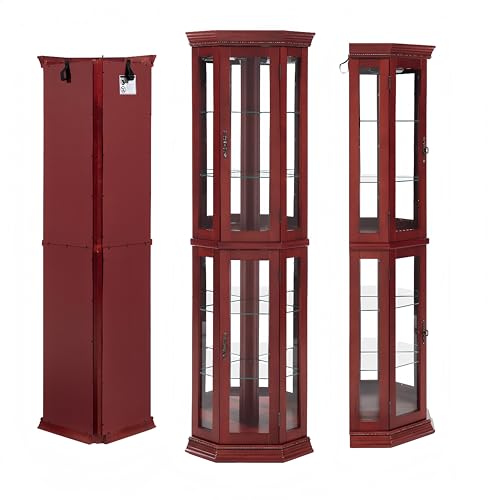 Corner Curio Cabinet Lighted Display with Glass Doors, Cherry T367989