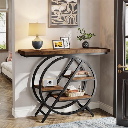 Tribesigns Console Table, 39.4-Inch Entryway Table with Thickened Tabletop, 4-Tier Industrial Narrow Hallway Sofa Table, Rustic Brown T367