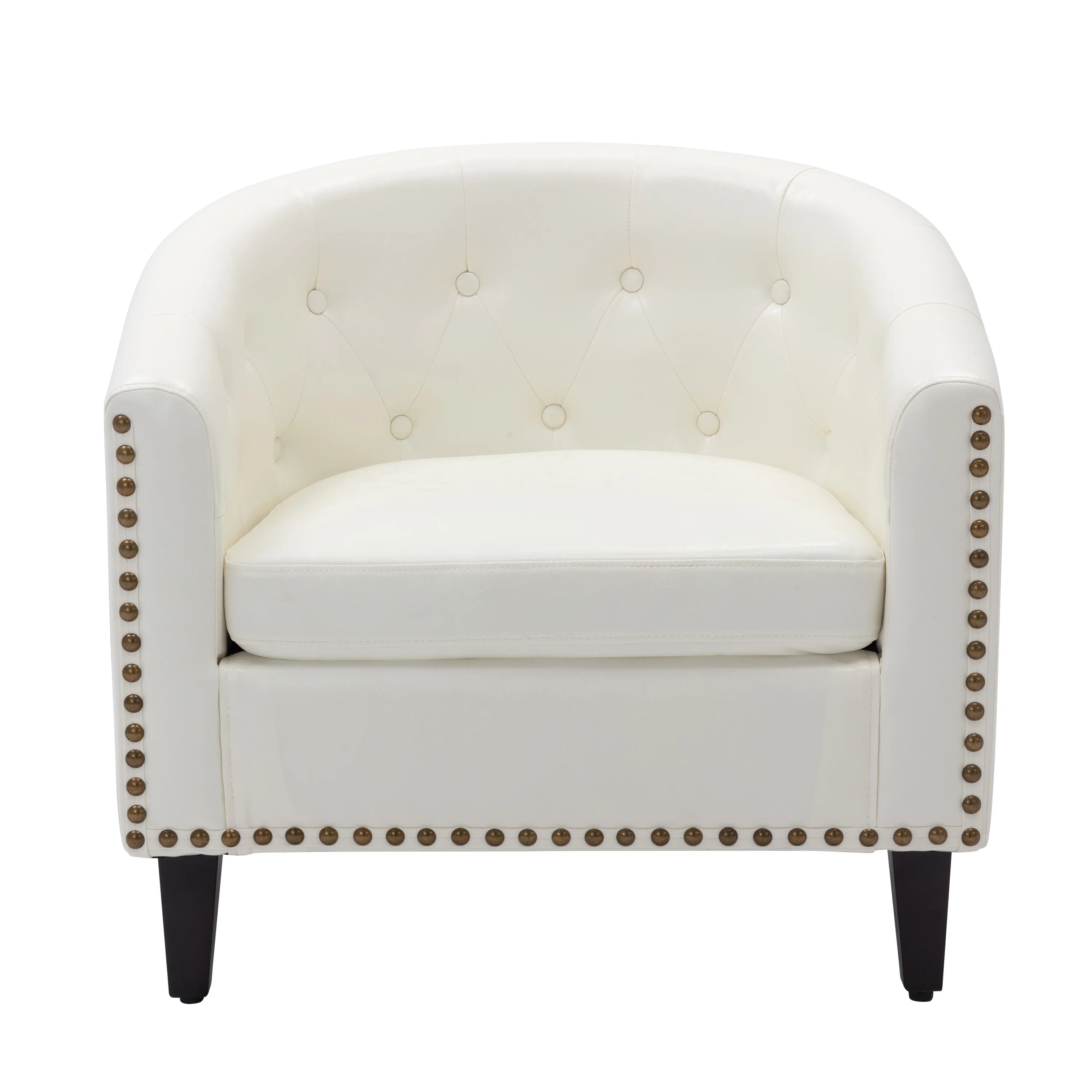 Barrel Accent Chair with Arms Pu Leather Club Chairs with Nailheads and Solid Wood Legs Side Chairs Upholstered Chair for Living Room Bedroom Club Chairs(White)