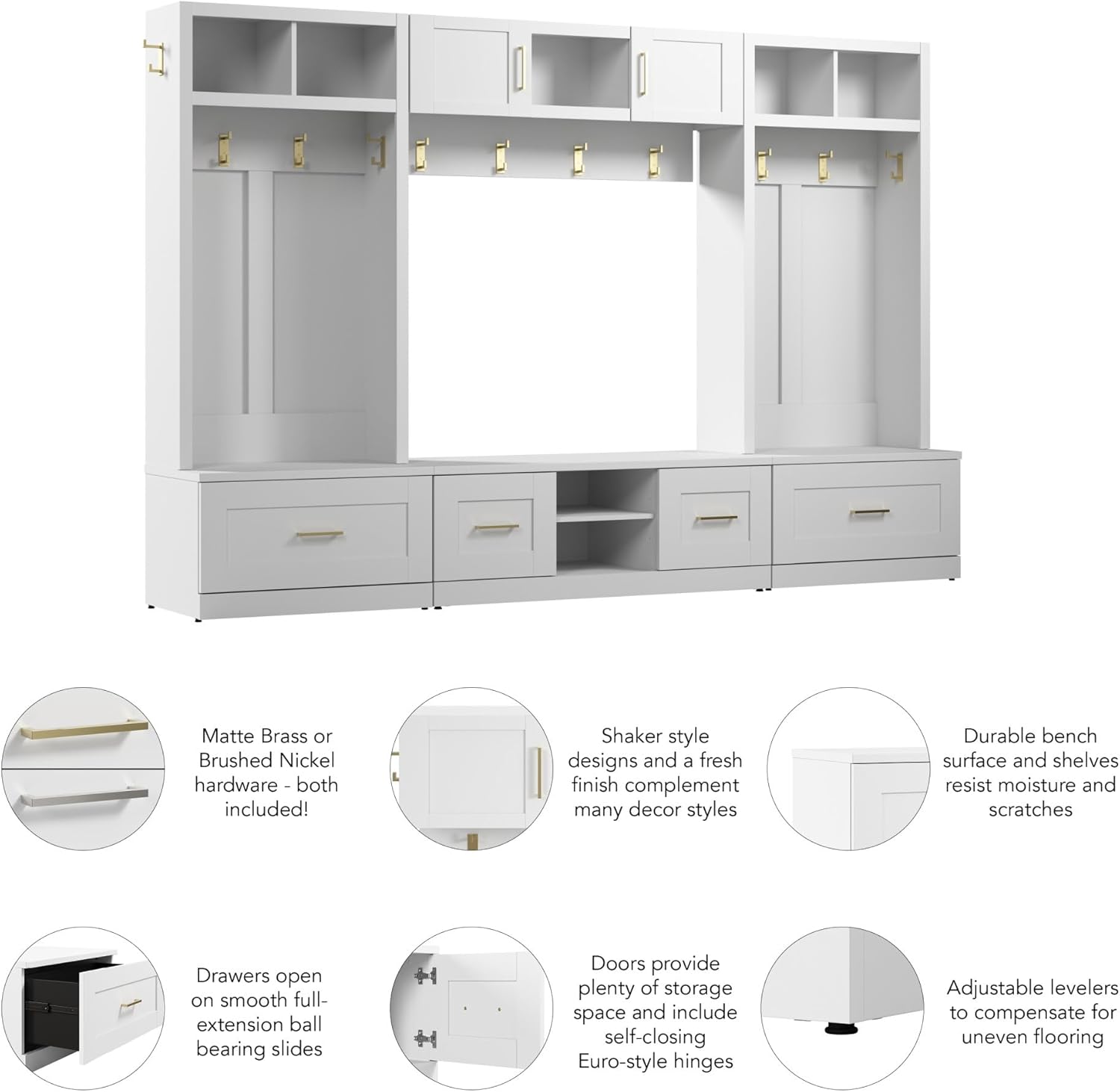 Bush Furniture Hampton Heights Full Entryway Storage Set with Coat Rack and Shoe Benches, White D250