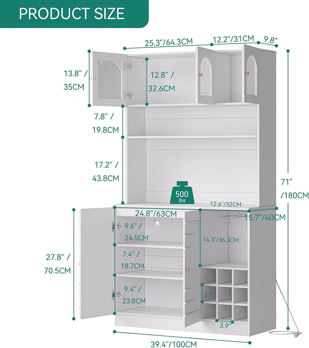 White Freestanding Kitchen Pantry Cabinet with Storage, 71" Tall Q629