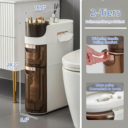 2-Tiers Slim Bathroom Storage Cabinet with Drawers, Waterproof, Movable N840711