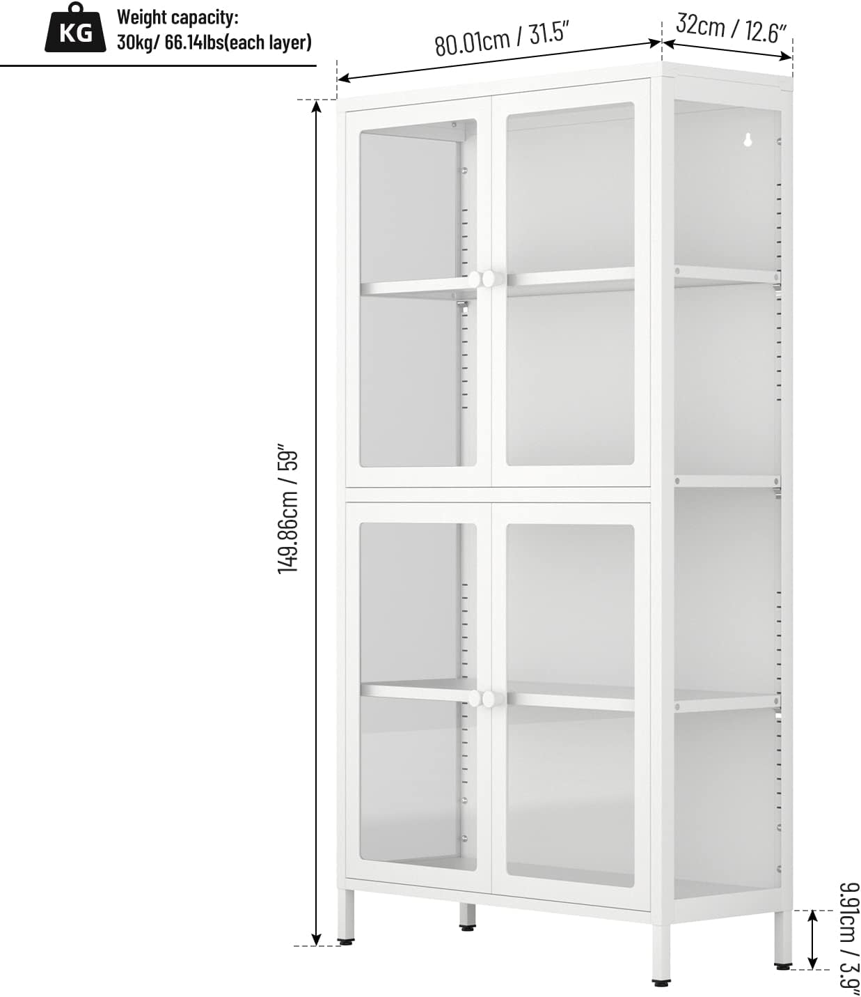 Tempered Glass Storage Cabinet 4-Door White with Adjustable Shelves U35144