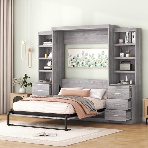 Solid Wood Full Size Murphy Bed Wall Bed with Shelves, Modern Murphy Bed Chest Cabinet Bed Closet Bed Platform Bed for Guest Room Home Office, Space-Saving Design (Grey-FL4)