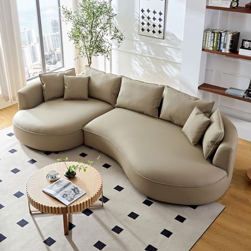 124.8" Modern Curved Leather Sectional Sofa with Pillows, Grey Left-Facing X64315