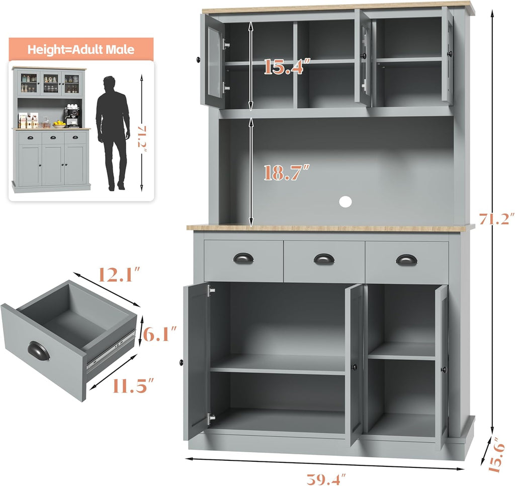 MU 71" Kitchen Hutch Storage Cabinet with Countertop, Grey U89791