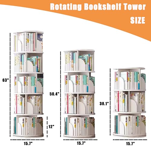 5 Tier Rotating Bookshelf Tower, Solid Wood Bookcase, White K103