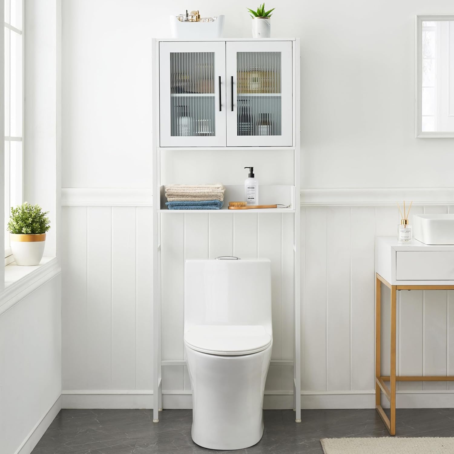 IDEALHOUSE Over The Toilet Storage Cabinet, White, with Glass Doors and Adjustable Shelves E12536