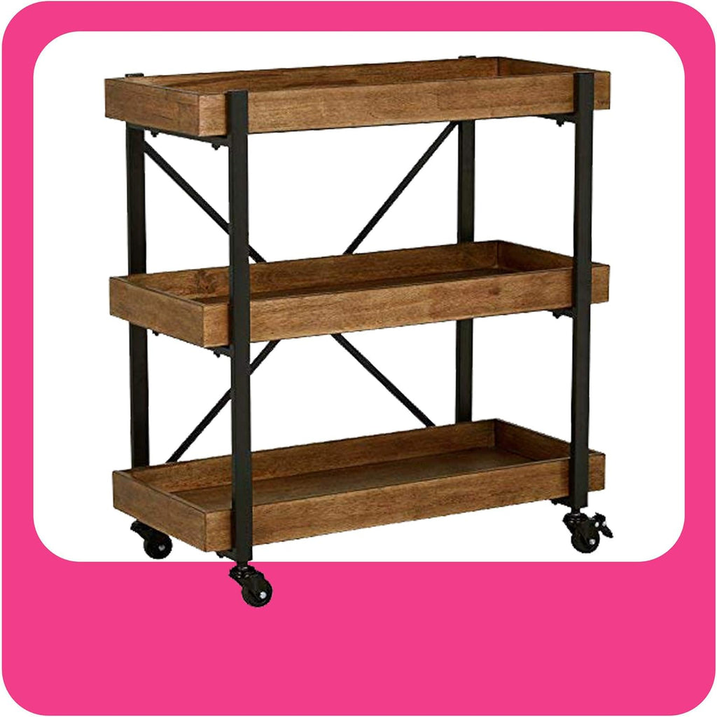 Riley Modern Rustic Rolling Bar Cart with Wheels, 32 Inch Height, Kitchen Organizer Utility, Wood, Matte Black Metal Finish