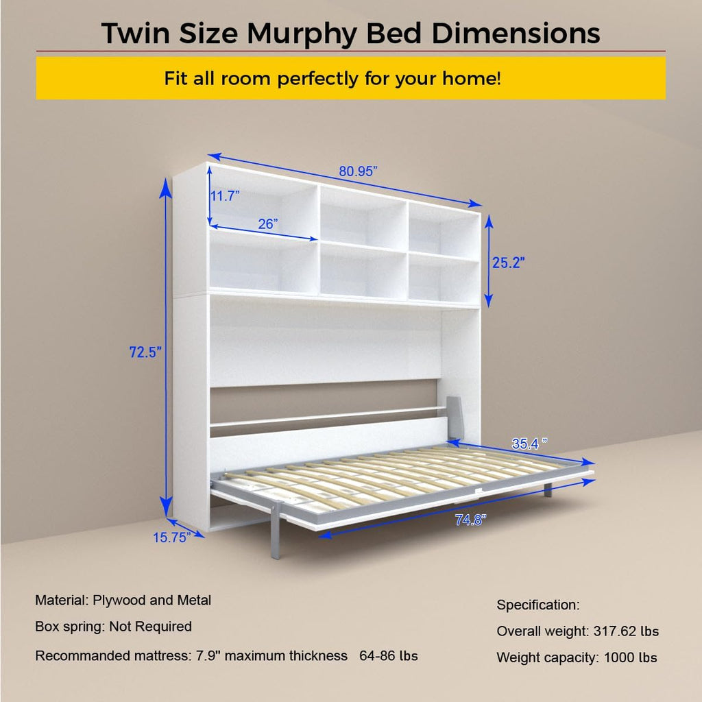 Twin Size Murphy Bed Wall Bedframe with Storage Shelves, White M2870