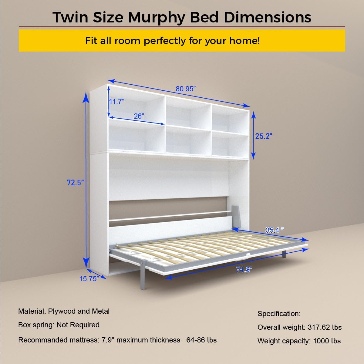 Twin Size Murphy Bed Wall Bedframe with Storage Shelves, White M2870