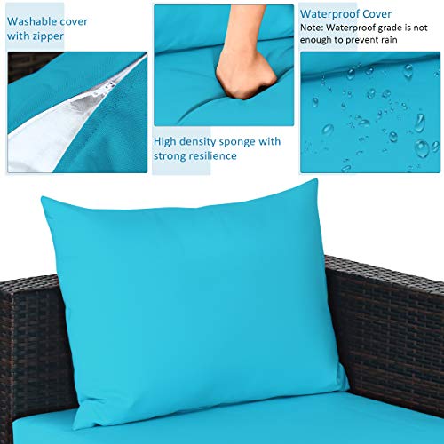 Tangkula 5 Piece Outdoor Patio Furniture Set, Wicker Sectional Sofa with Glass Top Coffee Table, Turquoise H613244