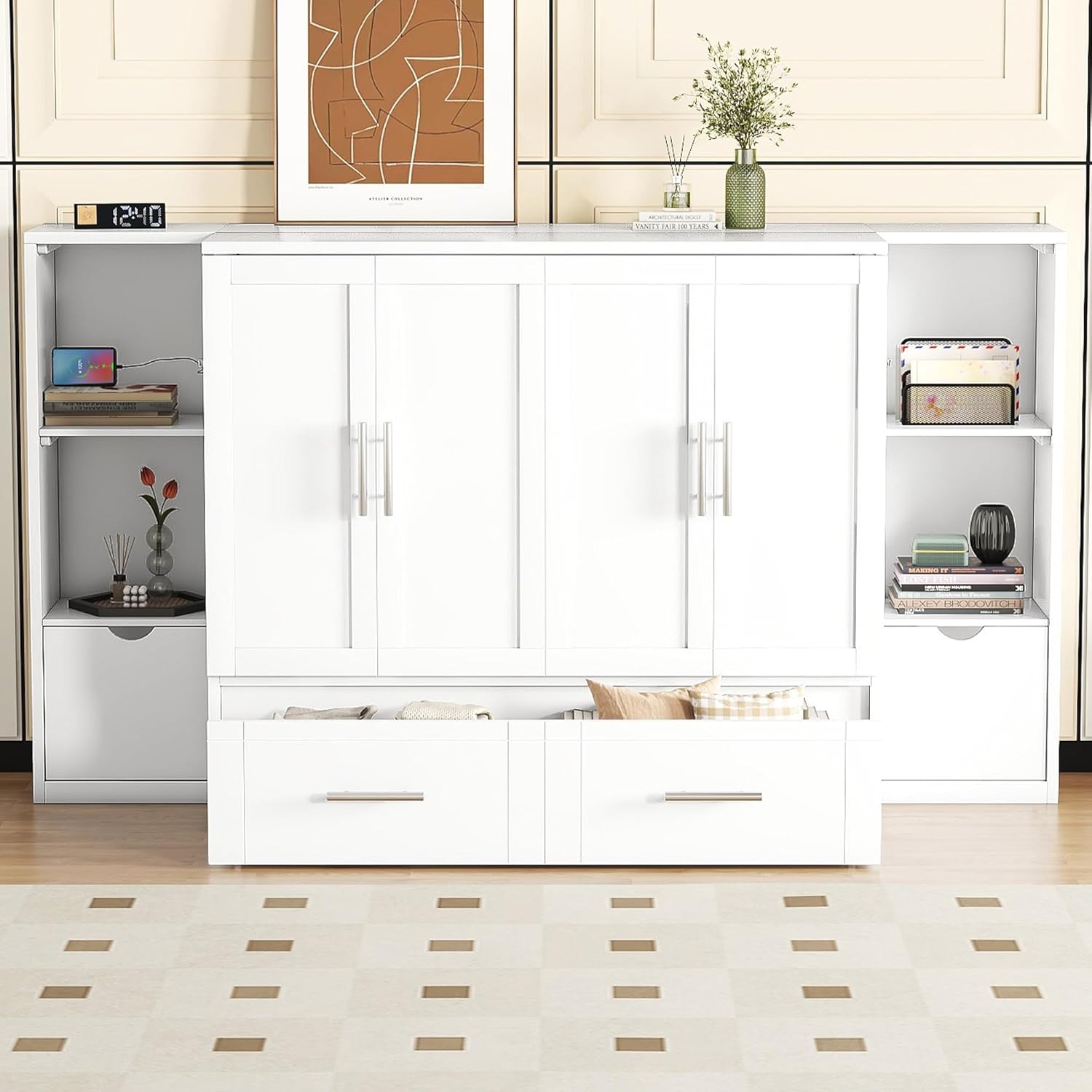 Queen Size Murphy Bed with Shelves, Drawers and USB Ports, White C31721