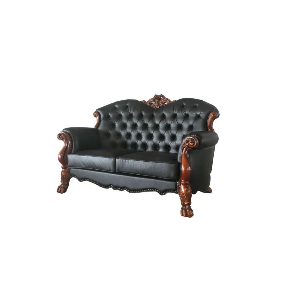 Luxury Vintage Cherry Oak & Black PU Dresden Sofa Set 3P ACME B342