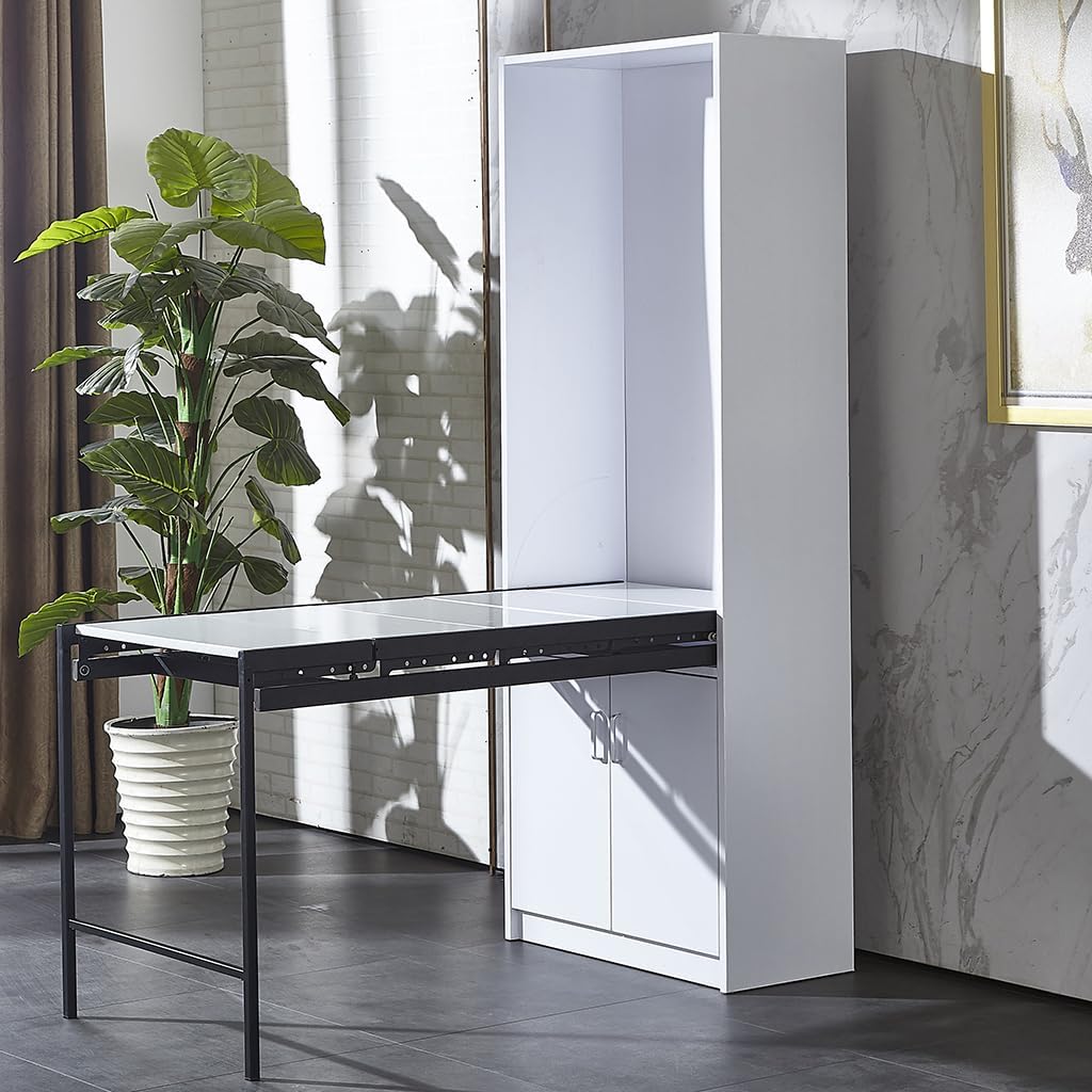 Large Fold-Out Convertible Writing Table, Wall Mounted Space Saving Fold Up Convertible Table with 4-Tier Storage Shelf, Multi-Function Murphy Desk for Home Office, 27" W x 14.6" D x 74.6" H