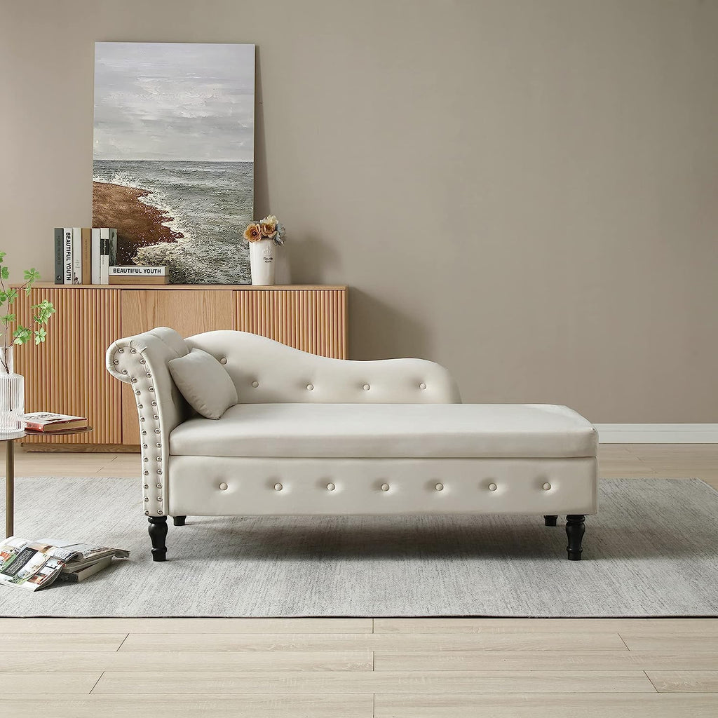 Velvet Chaise Lounge Chair with Storage and Pillow, Beige R1401