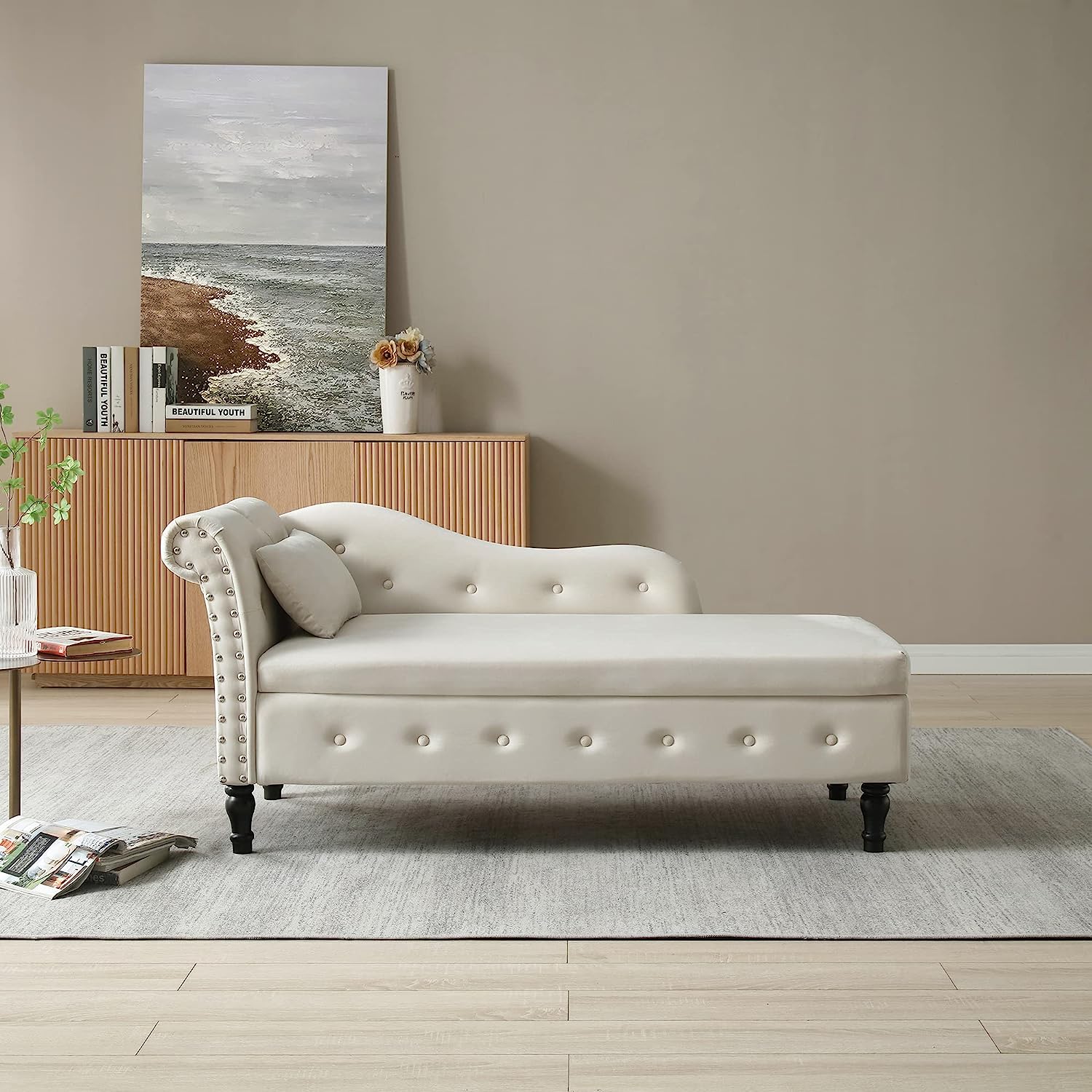 Velvet Chaise Lounge Chair with Storage and Pillow, Beige R1401