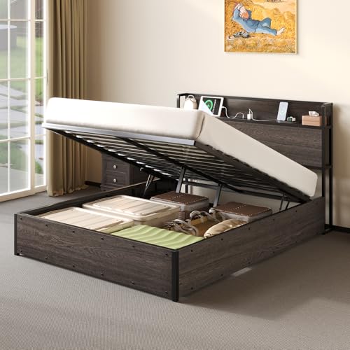 Albott Full Size Bed Frame with Lift Up Storage, Wooden Platform Bed Frame with Storage Headboard ＆ Charging Station, No Spring Box Needed/Noise Free, Rustic Brown
