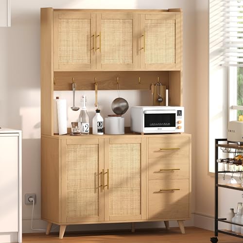70.9" Kitchen Pantry Cabinet with Microwave Shelf, Rattan Hutch with Charging Station, Tall Floor Cupboard with Drawers and Doors, Black and Natural U6564
