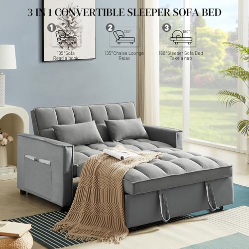 3 in 1 Convertible Sleeper Sofa Bed with Pullout Bed, Velvet, Beige I274535