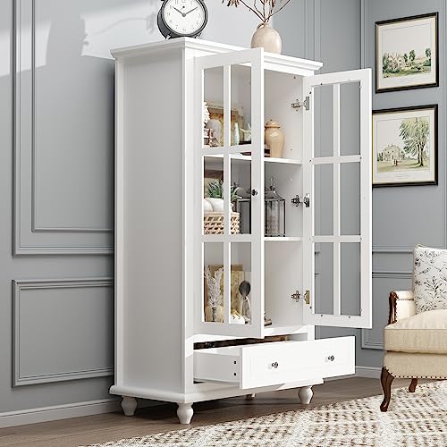 Hitow Tall Bookcase with Glass Doors, 4-Tier Shelf and 2 Drawers, White F992613