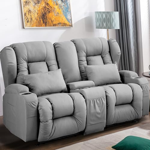 Loveseat Recliner Sofa with Console and Cup Holders, Beige J1353
