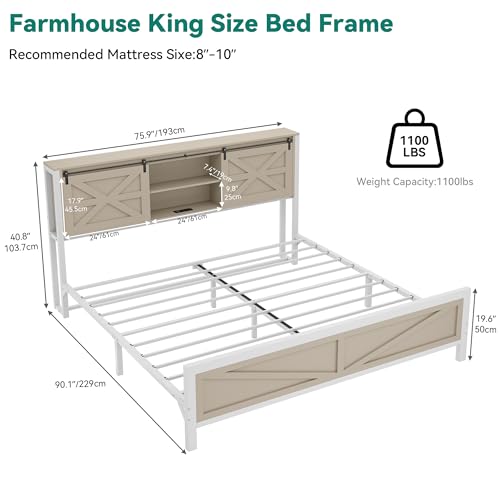 YITAHOME Farmhouse Queen Bed Frame with Headboard, Bookcase Storage, Charging Station, White X715542