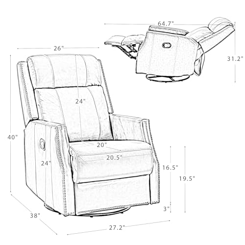 Genuine Leather Swivel Recliner Chair with Wingback and Nailhead Trims, Red Z27530
