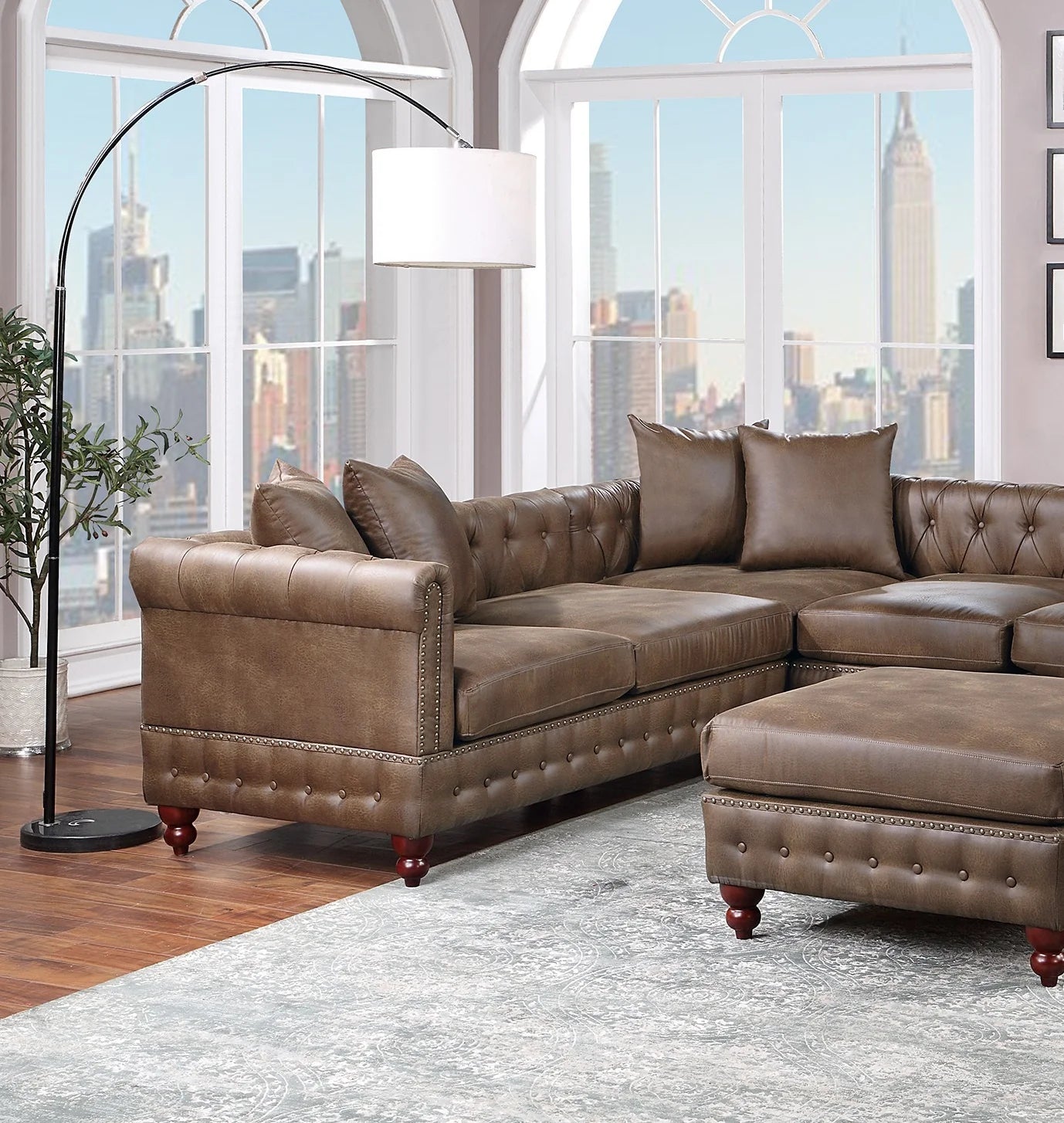 Dark Coffee Leatherette Solidwood Sectional 4pc Set with Ottoman R205