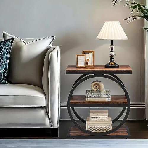 3-Tier End Table with Storage, Wood Round Metal Frame Nightstand P8044