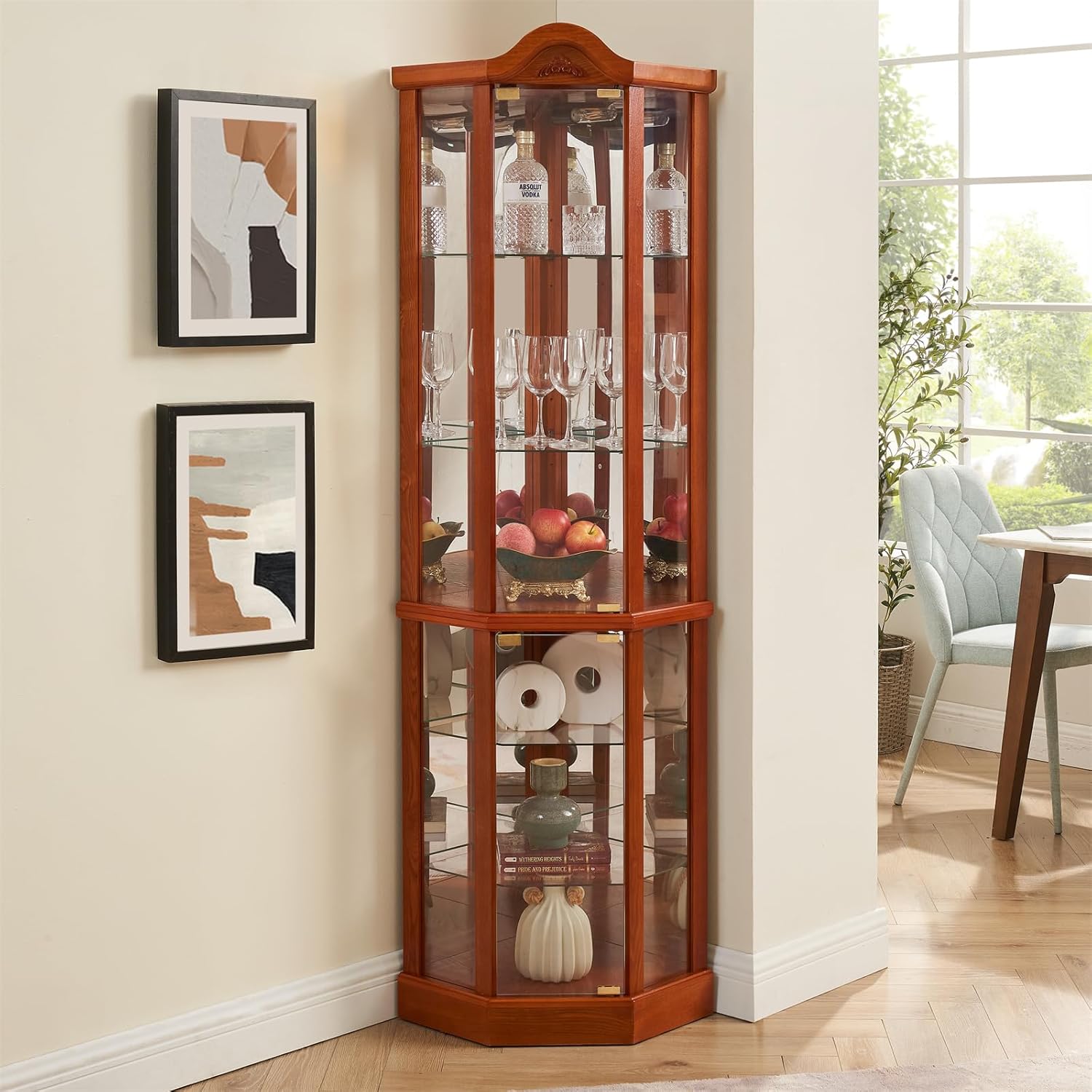 Lighted Curio Cabinet with Tempered Glass Doors, Brown S332216