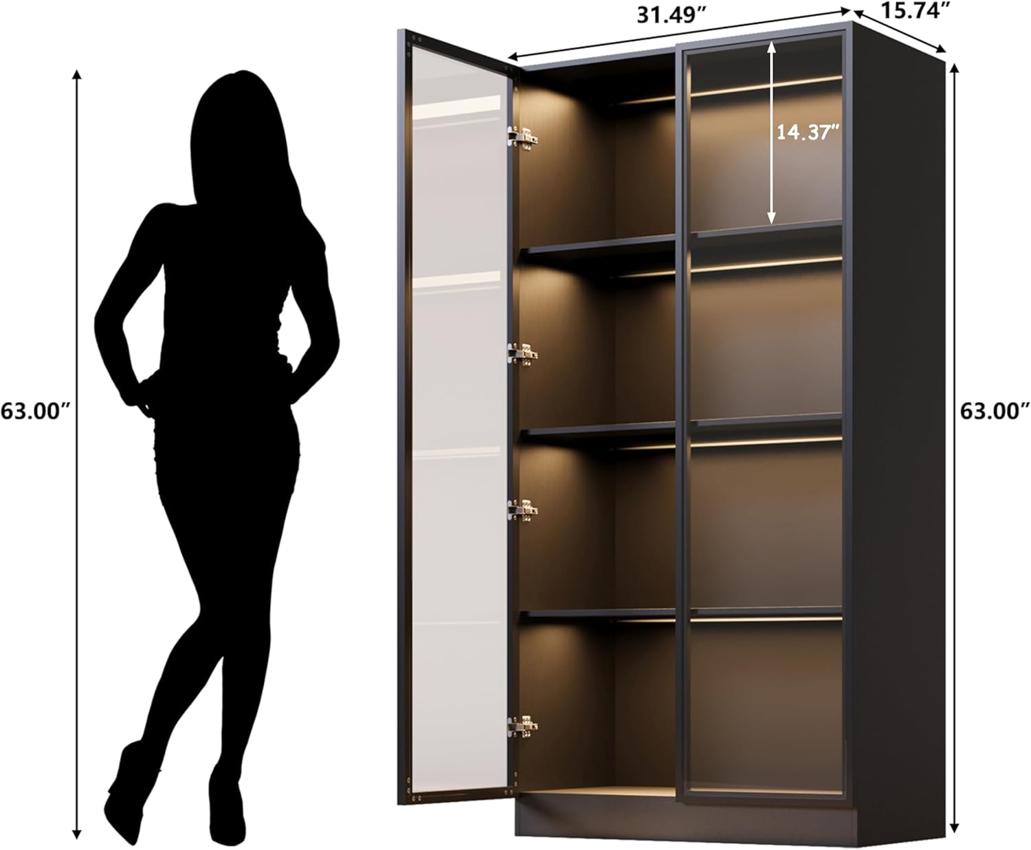 Display Cabinet with Glass Doors & Lights, 4-Tier, Black L5511