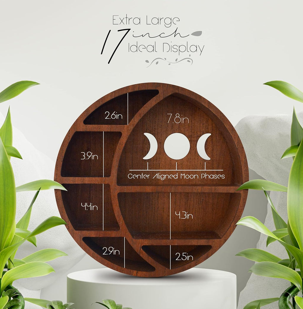Crescent Moon Shelf for Crystals, Wooden Wall Decoration, Brown, 17 x 17 x 3.4 inches I55178