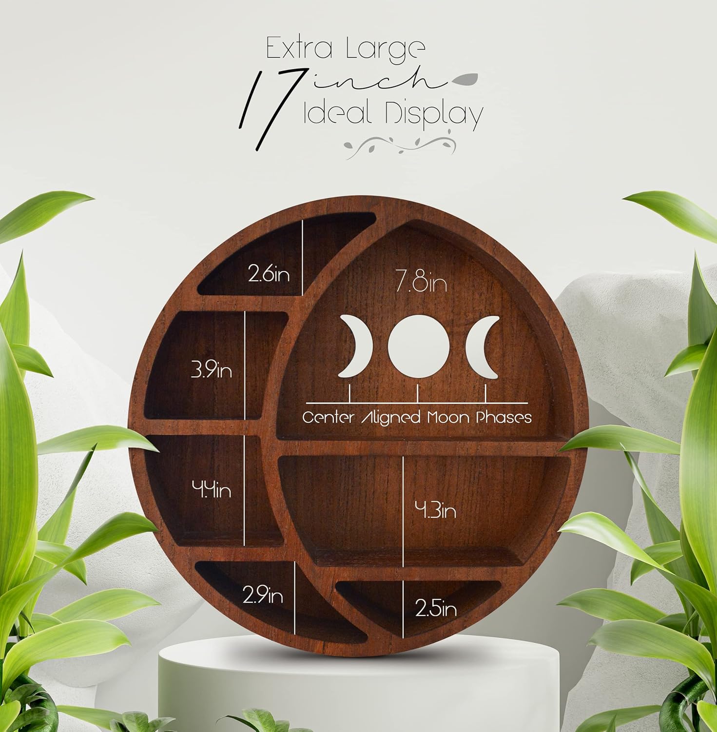Crescent Moon Shelf for Crystals, Wooden Wall Decoration, Brown, 17 x 17 x 3.4 inches I55178