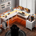 L Shaped Gaming Desk with LED Lights and Power Outlets, Computer Desk with Drawers, 66.1 Inches Corner Desk, Home Office Desk with Printer and Monitor Stand, Large Storage, Rustic Brown
