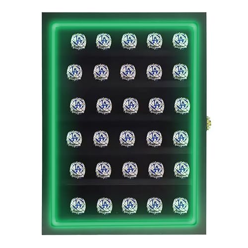 Championship Ring Display Case RGB LED - 30 Ring Glass Shadow Box with Lock - Black L167598