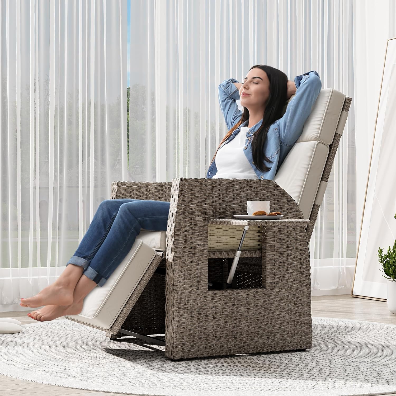 YITAHOME Outdoor Recliner Chair Patio Wicker Lounge Chair with Adjustable Angle, Beige L892