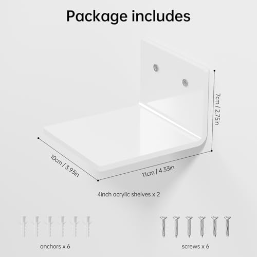 Acrylic Floating Wall Shelf 4 Inch White Set of 2 Adhesive No Drilling P681