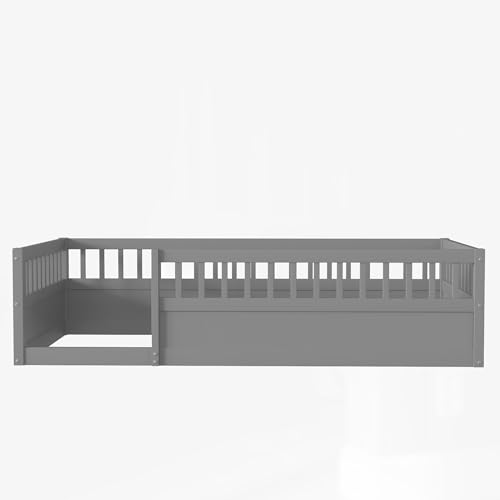 Twin Size Montessori Floor Bed for Kids with High Fence Railings, White R84810