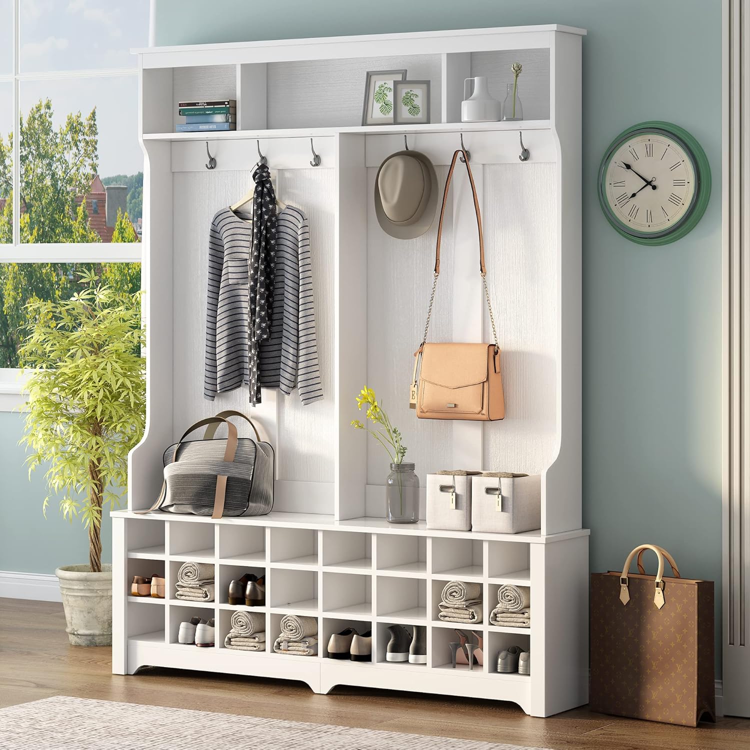 Multi-Functional Hall Tree Entryway Bench, Modern Style Hallway Coat Rack with Metal Black Hooks, Ample Storage Space and 24 Shoe Cubbies, 60 Inch, White
