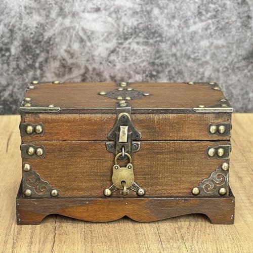 Wooden Treasure Chest Box with Lock for Jewelry and Trinkets P479