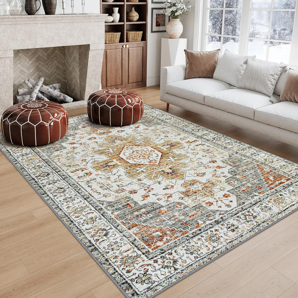 Moynesa Ultra-Thin Vintage Area Rug 6x9, Washable Low Pile Carpet K53642