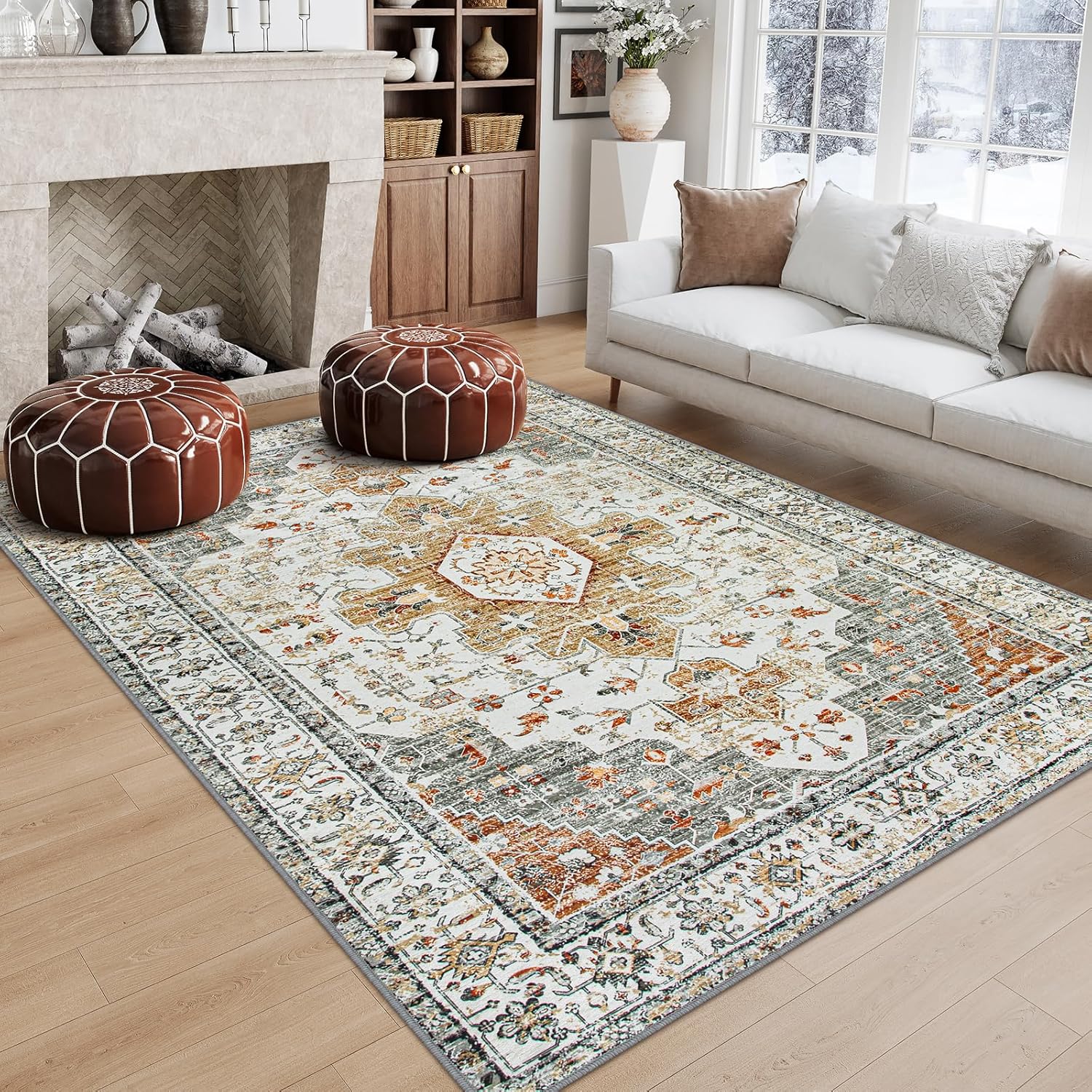 Moynesa Ultra-Thin Vintage Area Rug 6x9, Washable Low Pile Carpet K53642