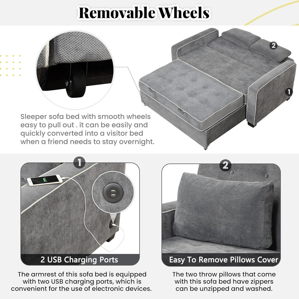 3 in 1 Pull Out Sofa Bed with Adjustable Backrest and USB Charging Port K98421