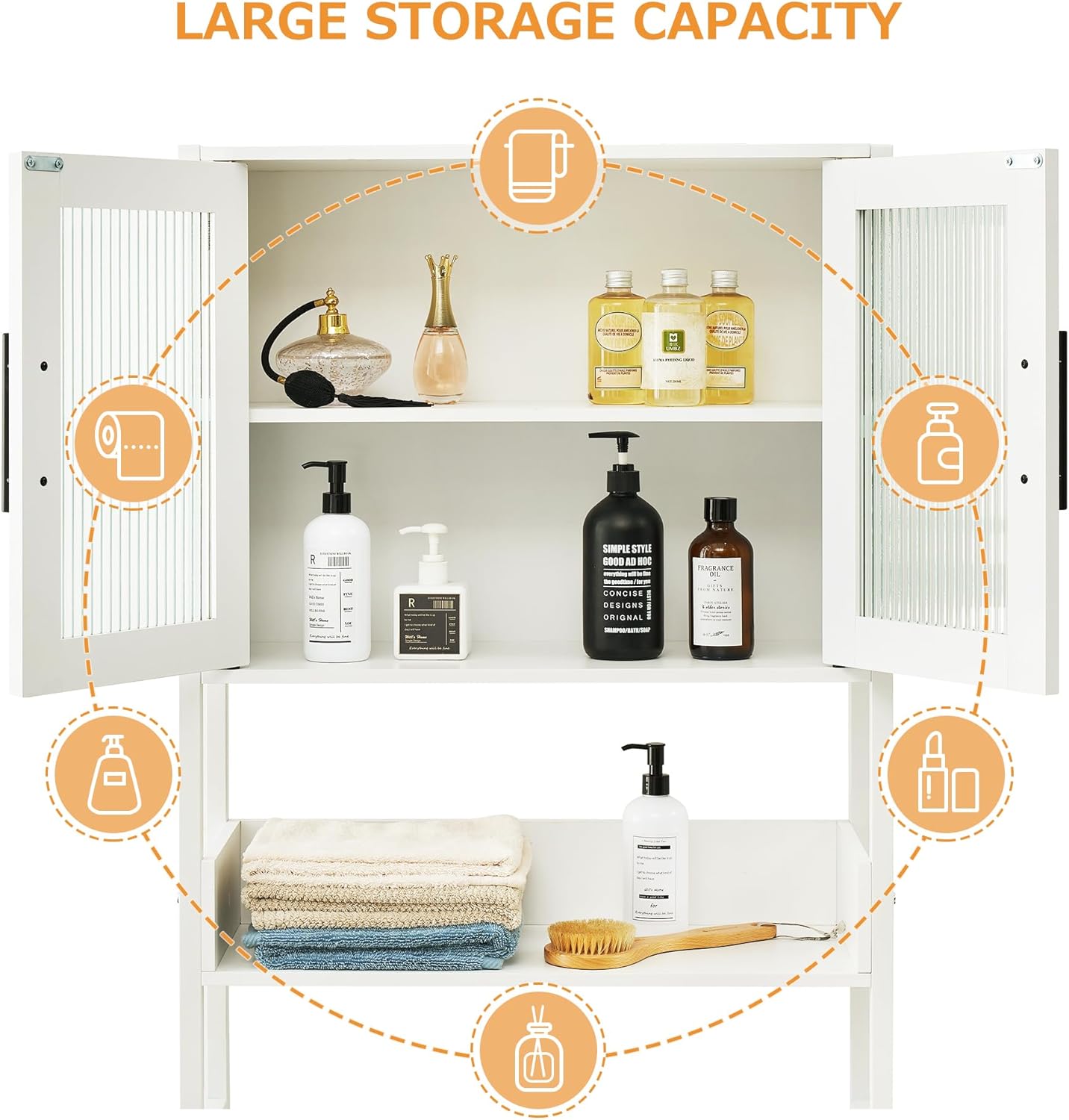 IDEALHOUSE Over The Toilet Storage Cabinet, White, with Glass Doors and Adjustable Shelves E12536